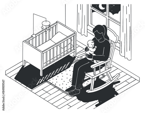 A mother holding her baby in a rocking chair next to a crib in black and white minimalist vector style, ideal for parenting themes
