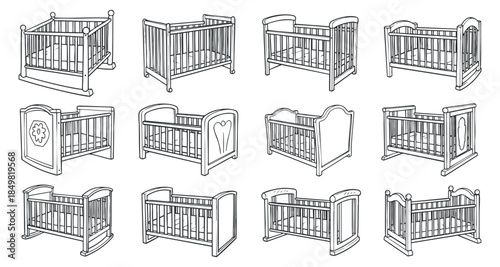 A collection of twelve baby cribs in outline vector style, perfect for nursery design and baby-related projects