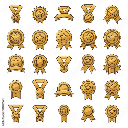 Collection of diverse gold award medals with varying designs and ribbon styles for achievements