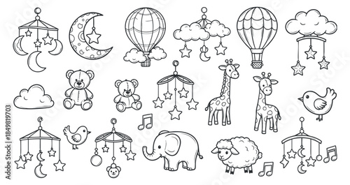 A collection of cute baby-themed illustrations including stars, clouds, animals, and hot air balloons in a playful outline vector style, perfect for nursery decor and children's products