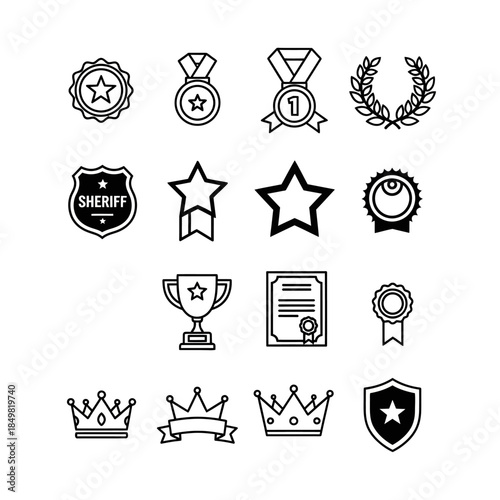 Collection of award badges, medals, and achievement icons highlighting recognition and excellence