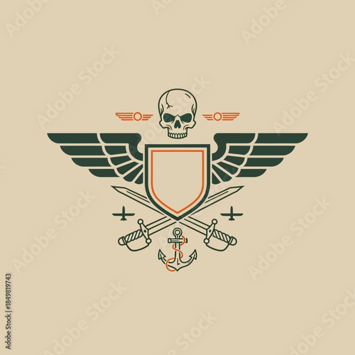 Minimalist emblem combining a skull, wings, shield, and nautical elements with a vintage aesthetic