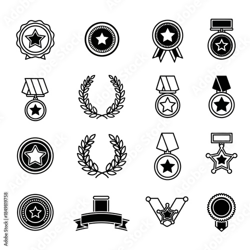 Collection of award medals and ribbons in monochrome style representing achievement and excellence