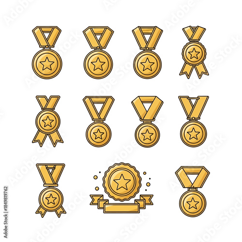 Collection of 10 different gold and bronze award medals with various designs and ribbons