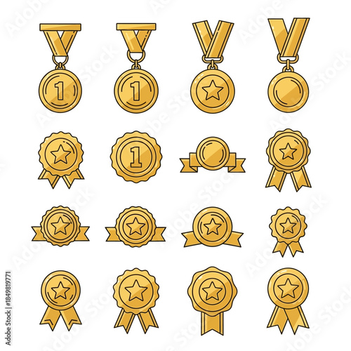 Collection of diverse gold medal icons and ribbons representing achievements and awards