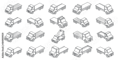 A set of various outline style trucks and delivery vehicles in a minimalist vector design, suitable for logistics and transportation projects