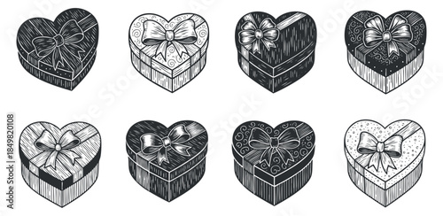 A collection of heart-shaped gift boxes with bows in black and white sketch style, ideal for Valentine's Day designs