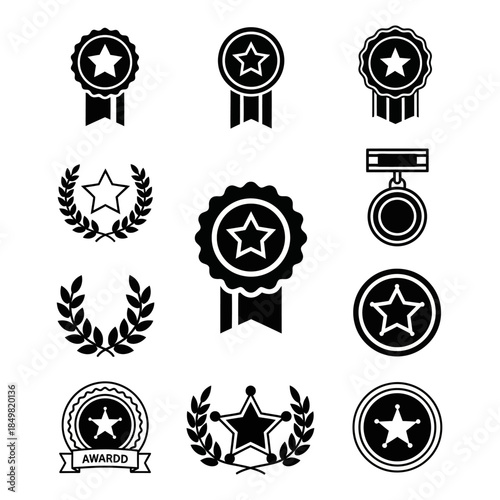 Collection of monochrome award badges and medals with various ribbon and star designs suitable for
