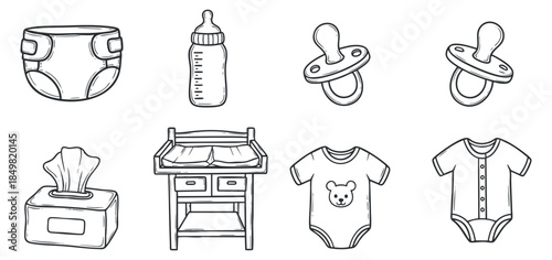 A collection of baby care items including a diaper, bottle, pacifier, wipes, and changing table in black and white outline vector style, ideal for parenting and nursery themes