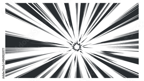 A dynamic burst of lines radiating from a central point in black and white vector style, perfect for comic book designs and action graphics