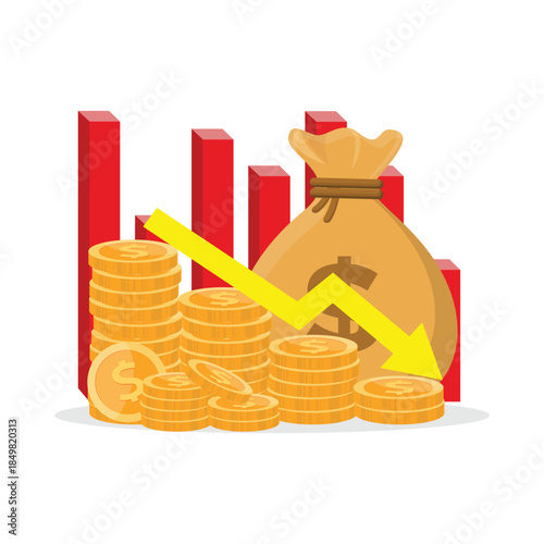 Financial loss or crisis vector illustration. flat money bag and gold coin stacks with falling red graph arrows down, concept of business failure, economic recession, bankruptcy risk, inflation impact