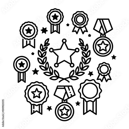 Collection of award medals and medals with ribbons symbolizing achievement and excellence in