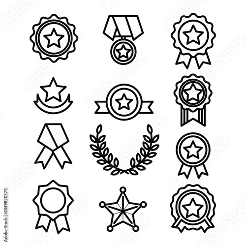 Collection of award medals and ribbons symbols representing achievement and excellence in various