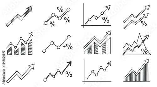 A collection of various line and bar graphs in minimalist black and white vector style, suitable for business presentations and financial reports