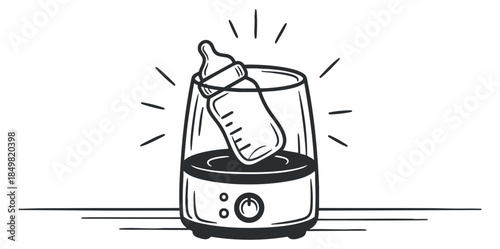 A baby bottle warmer with a milk bottle inside in black outline minimalist vector style, ideal for parenting and childcare designs