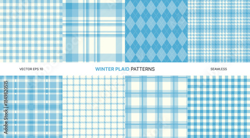 Winter seamless vector plaid pattern set in icy blue and white tartan argyle gingham and houndstooth styles perfect for seasonal textile backgrounds wrapping paper fabric prints holiday design