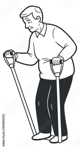 An elderly man using a walking stick in a simple black and white line art vector style, suitable for health and wellness themes