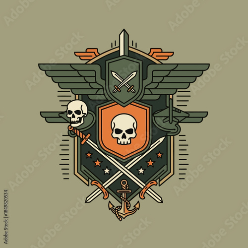 Military insignia with skulls and weapon motifs emphasizing strength and combat symbolism