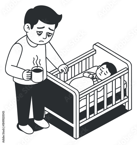 A concerned father holding a cup while watching his sleeping child in a crib in minimalist black and white vector style, perfect for parenting illustrations and family themes