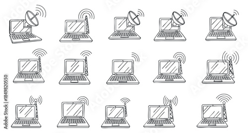 A collection of laptop icons with wireless signals in outline vector style, ideal for tech and digital projects