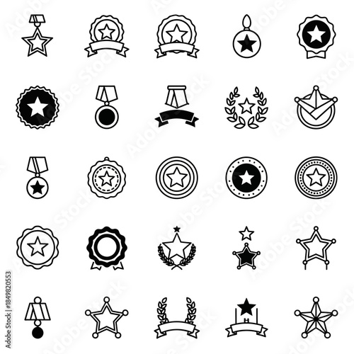 Collection of award medals and badges in various designs and shapes for achievements and