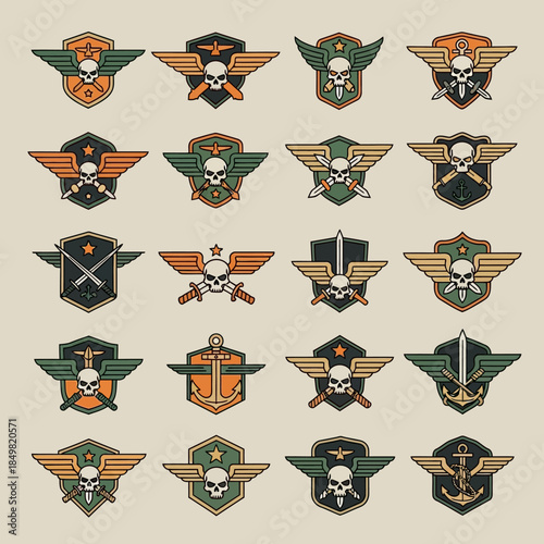 Collection of military-style skull patches and badge insignias with wings and anchors for uniforms