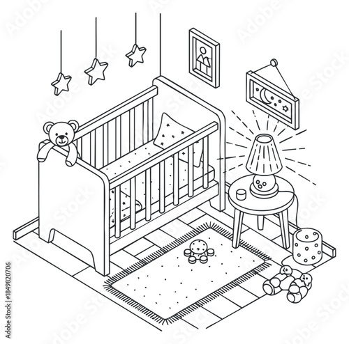An isometric illustration of a cozy nursery featuring a crib, teddy bear, lamp, and decorative elements, perfect for children’s room designs