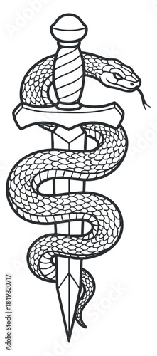 A caduceus symbol featuring a snake entwined around a sword in outline black and white vector style, suitable for healthcare branding and medical illustrations