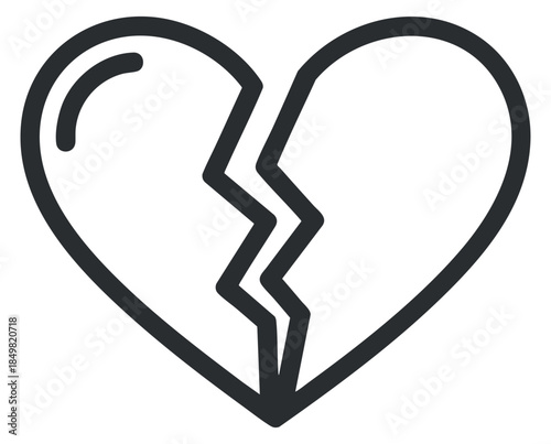 A broken heart symbol in a minimalist black outline vector style, ideal for emotional or relationship-themed designs