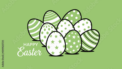 A collection of nine stylized white and light green Easter eggs with various patterns, outlined in black, on a solid light green background with 'HAPPY Easter' text.
