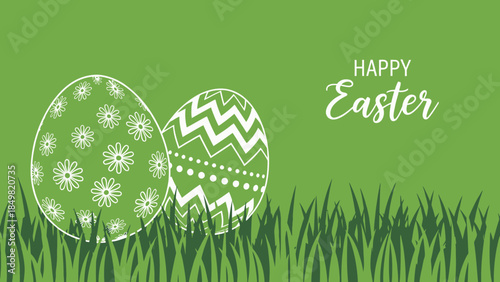 Two decorated Easter eggs with floral and geometric patterns in green grass on a green background with "Happy Easter" text.