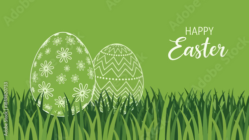 A green background with two white patterned Easter eggs in grass, wishing "Happy Easter".