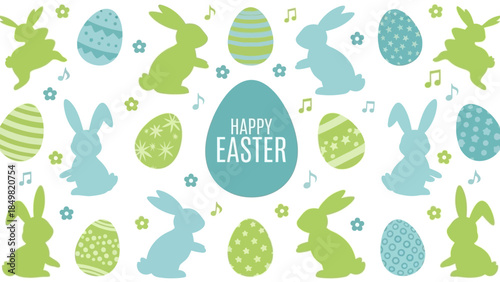 A festive Easter background with green and blue bunnies, decorated eggs, stars, musical notes, and a central "Happy Easter" message.