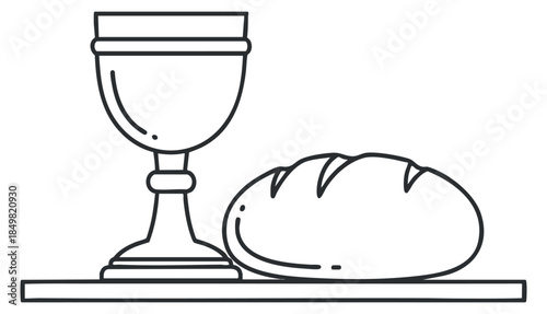 A cup and loaf of bread on a plate in outline minimalist vector style, suitable for religious or culinary themes