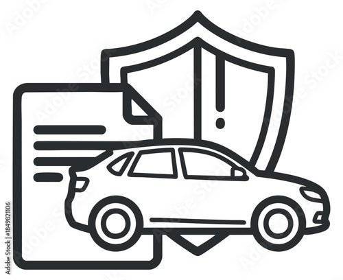 A car insurance document with a shield symbol in minimalist black outline vector style, suitable for insurance and financial services branding