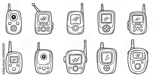 A collection of ten different communication devices in outline vector style, suitable for technology-related designs and illustrations