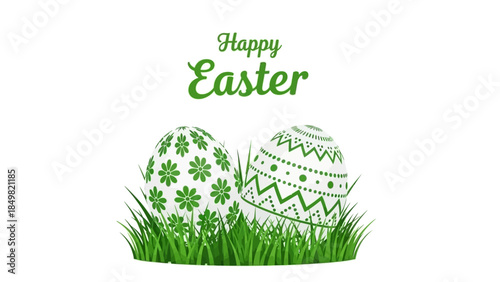 green and white Easter eggs nestled in vibrant green grass