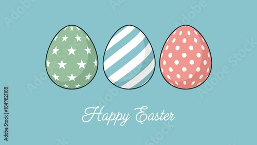 A cheerful illustration of three decorated Easter eggs in green, blue, and pink with patterns, set against a light blue background with "Happy Easter" text.