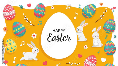 A vibrant yellow Easter background with colorful eggs, cute bunnies, and "Happy Easter" text.