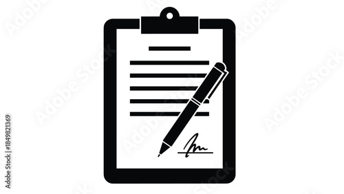 A black and white illustration of a clipboard with a pen and signature on a document