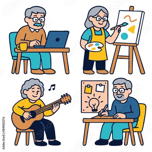 Elderly man using laptop, woman painting, senior playing guitar, man drawing, creative hobbies