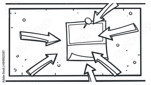 A set of directional arrows pointing towards a central box in black and white outline vector style, ideal for illustrating navigation concepts