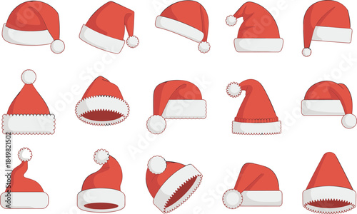 Collection of fifteen red and white Santa Claus hats in various styles and orientations santa hat christmas hat