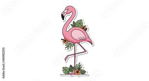 Stylized flamingo illustration with tropical foliage and blossom decorations adds an exotic touch
