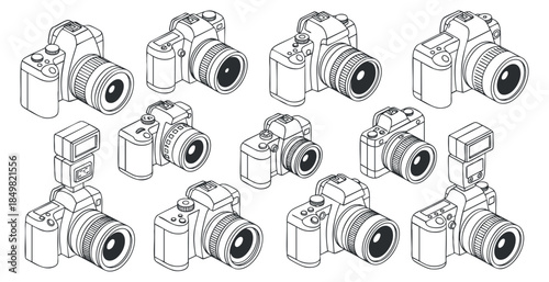 A collection of various camera types in outline black and white vector style, suitable for photography-related projects or branding