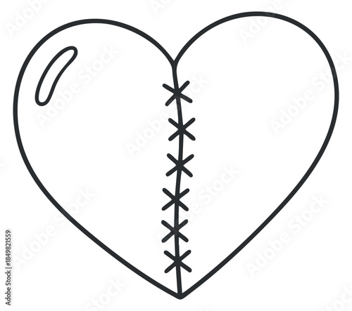 A heart shape with stitched lines and a sewn appearance in a simple outline vector style, ideal for creative projects and illustrations