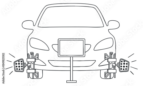 A front view of a car with diagnostic equipment and a monitor in minimalist outline vector style, suitable for automotive service branding