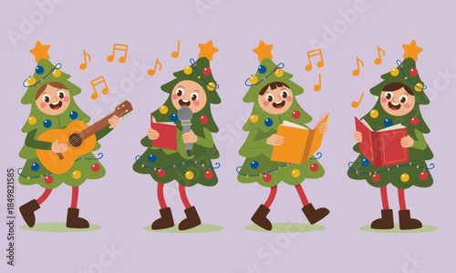 Four anthropomorphic Christmas trees singing and playing music with festive decorations playing guitar