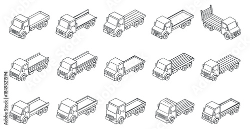 A collection of outline-style trucks in various designs and configurations, featuring isometric vector style, ideal for logistics and transportation projects