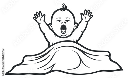 A yawning baby under a blanket in black and white outline vector style, perfect for family and parenting themes